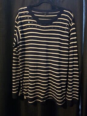 J. Crew Striped Navy and Cream Stud-Accent Sweater Xl